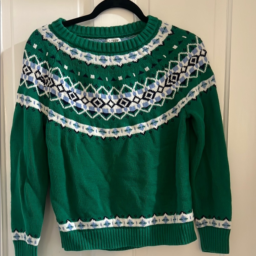 J. Crew Green Fair Isle Crewneck Sweater with White & Blue Accents